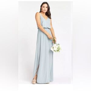 Show Me‎ Your Mumu Kendall Maxi Dress V Neck Slit Blouson Silver Sage Blue L nwt